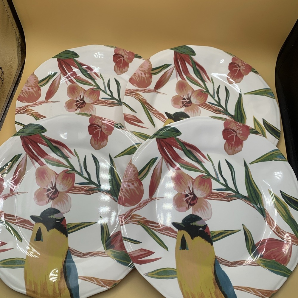 4 Opal House Melamine Tropical Bird Floral Pink  11" Dinner Plates Excellent - Picture 2 of 6